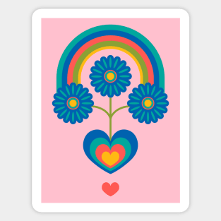 UNDER THE RAINBOW Folk Art Mid-Century Modern Scandi Floral With Flowers and Hearts on Pink - UnBlink Studio by Jackie Tahara Sticker